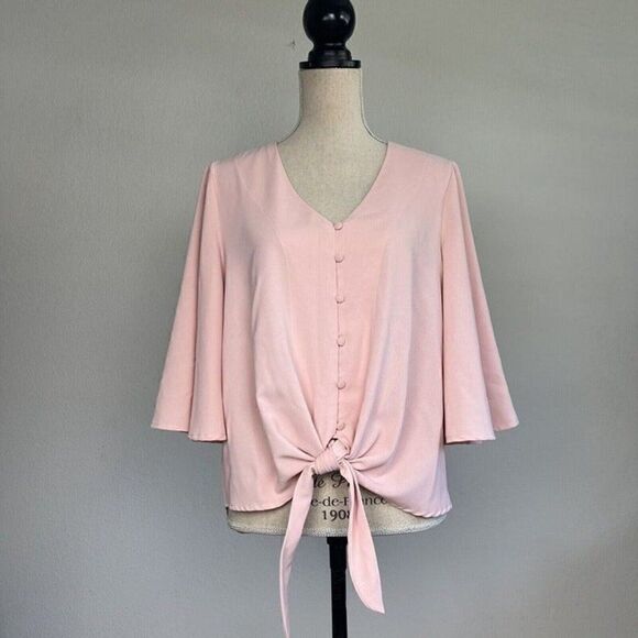 Womens Baby Pink Button Up V Neck Summer Loose Blouses Wide Flare Sleeves Large - Picture 2 of 11
